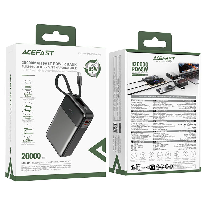 Acefast M21 20,000mAh 65W Power Bank with Attached Type-C Cable