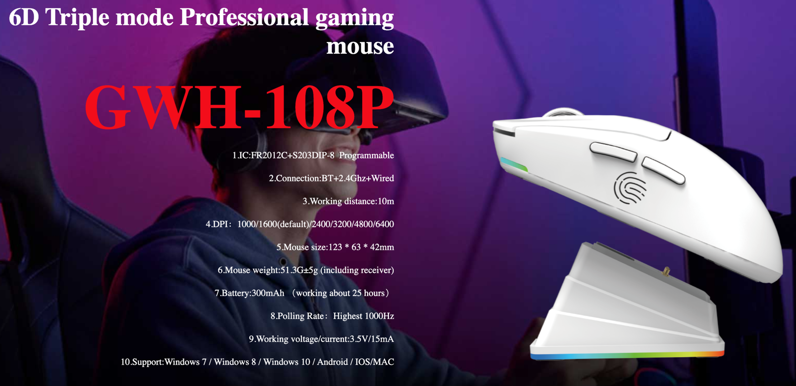 JEDEL GWH-108P Tri-Mode Wireless Gaming Mouse