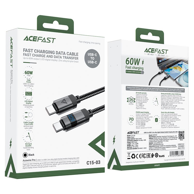 ACEFAST C15-03 60W USB-C to USB-C charging Data Cable with Display