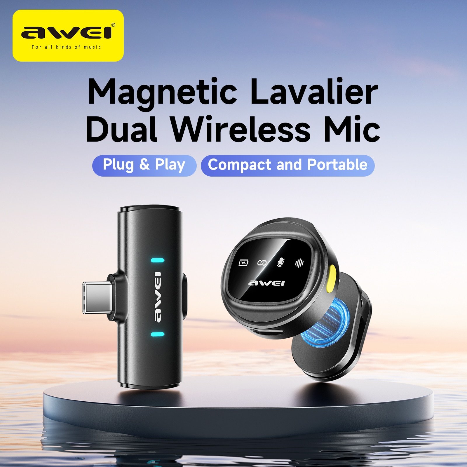 Awei MK3 Magnetic Lavalier Dual Wireless Microphone 2