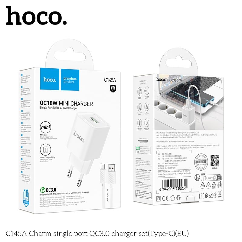 Hoco C145A Charm Single Port QC3.0 Charger Set Type C 3