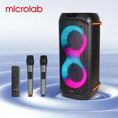 Microlab PT602W party speaker with dual 6.5 inch woofers and wireless microphones