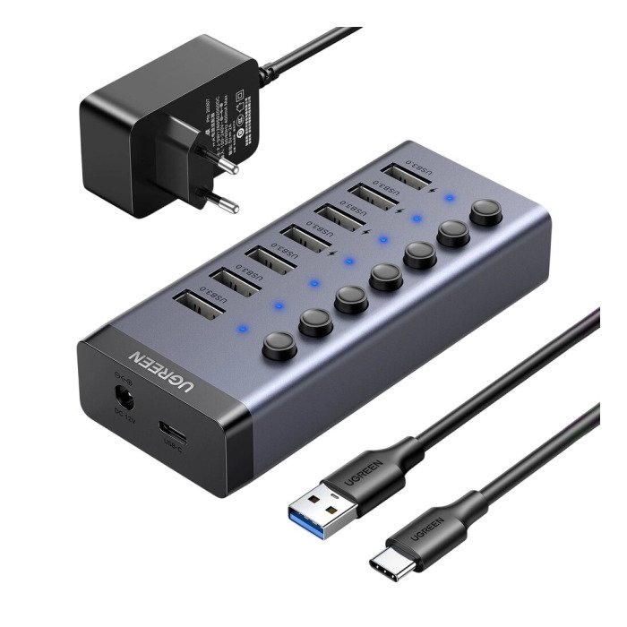 UGREEN 7-in-1 Hub – 7 USB 3.0 ports with switches and power adapter
